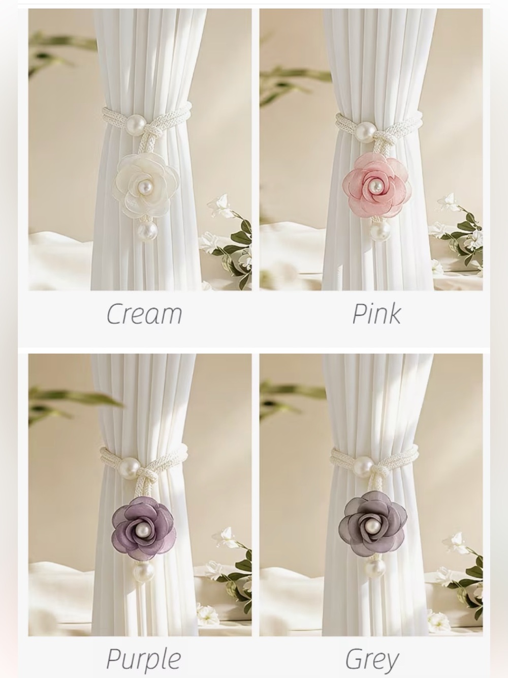 Elegant Flower Pearl Curtain Tieback - Cream, Pink, Purple, or Grey. Set of 2